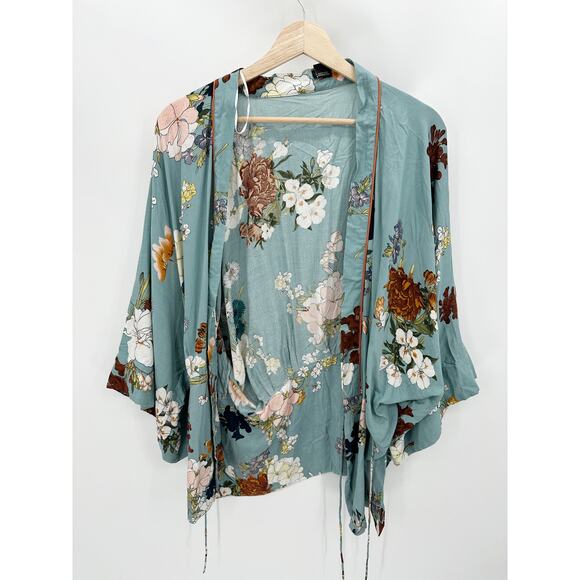 Roffe Cardigan Women One Size Blue Floral Print Long Sleeve Open Front - Picture 1 of 8